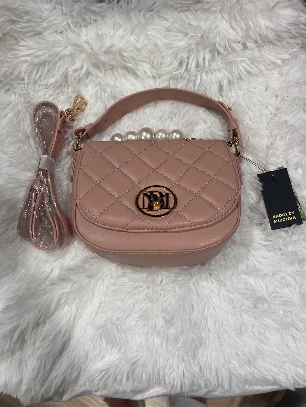 Badgley Mischka Blush Pink Quilted Crossbody with Pearl Accent